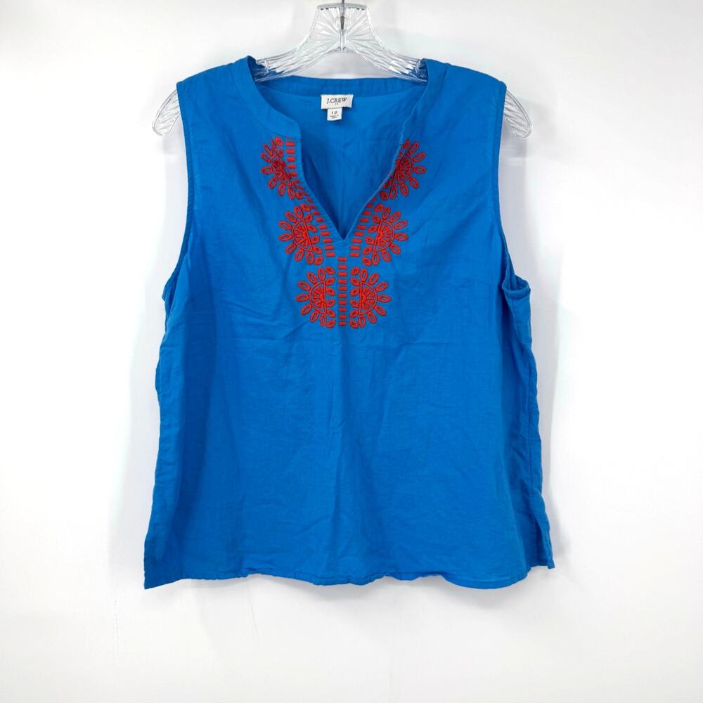 J. Crew Factory Linen Blend Sleeveless Top Blouse 12 Blue Embroidered Coastal
